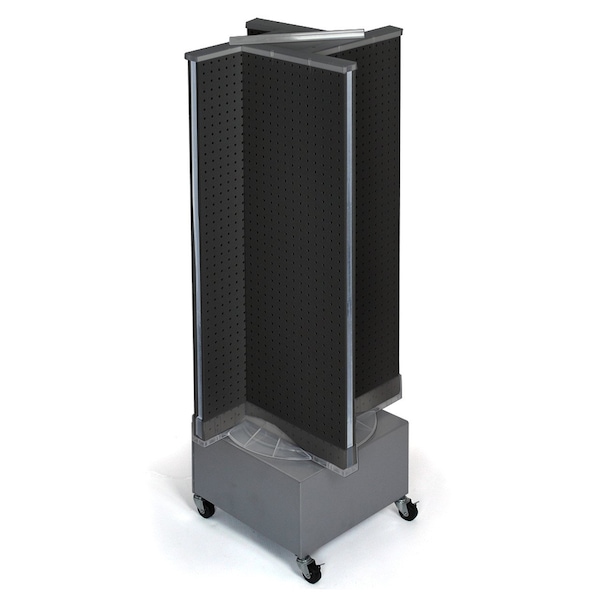 Pinwheel Pegboard Floor Display on Revolving Wheeled Base. Spinner Rack Stand.